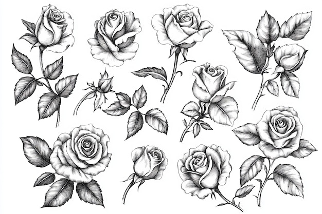 Photo a collection of intricately detailed black and white rose illustrations with various views of flowers and leaves