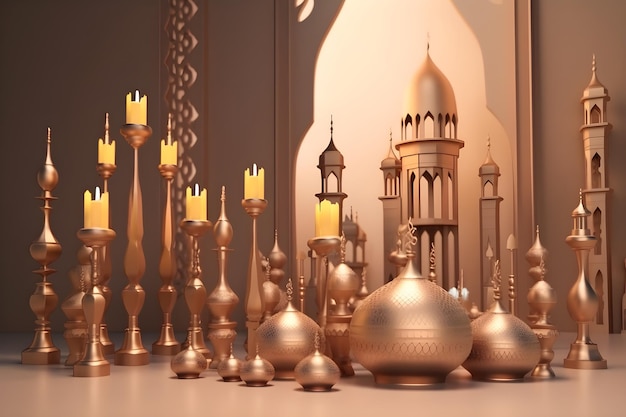 A collection of islamic lamps and a mosque