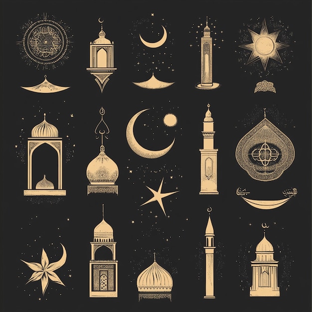 Collection of Islamic religious symbol elements