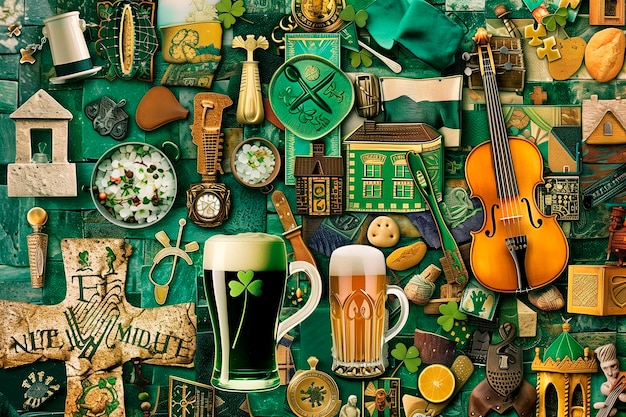 Photo a collection of items including a beer mug a beer mug and a green ribbon