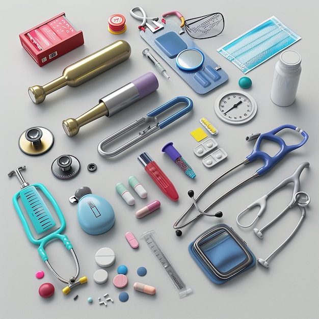 a collection of items including a blue and purple item a watch and a pair of scissors