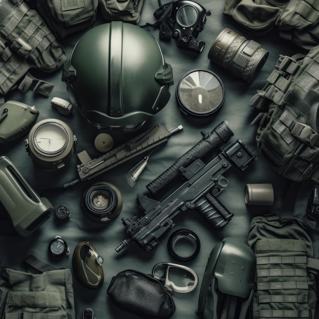 A collection of items including a helmet, a clock, a clock, a clock, and a helmet.