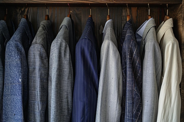 A collection of jackets and shirts on clothes hangers in an electric blue room