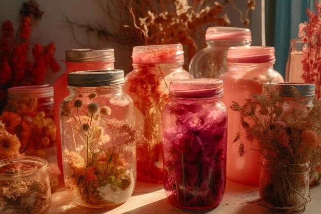 A collection of jars with flowers on the top and one of them has a red flower on the bottom.