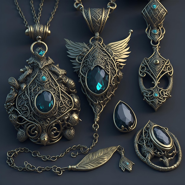 A collection of jewelry including a feather, a feather, and a pendant.