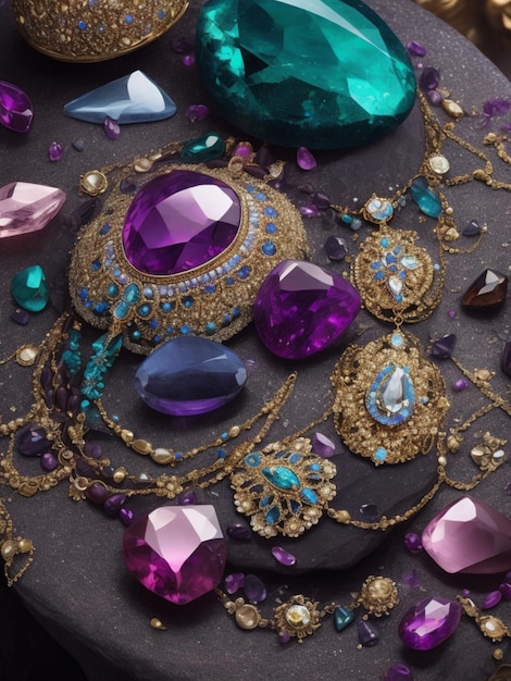 A collection of jewelry and jewels on a stone table