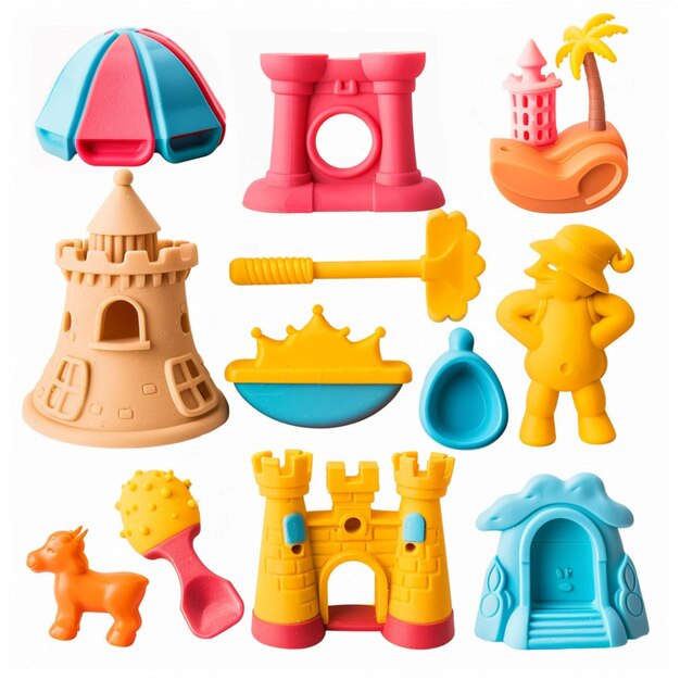 collection of Kids Beach Sand Toys Set with Sand castle building tools and characters