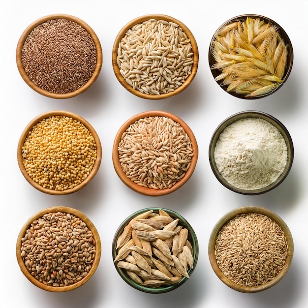 Photo collection of kinds of grain isolated on withe background