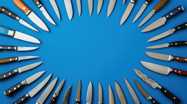 Collection of kitchen knives arranged in circular pattern