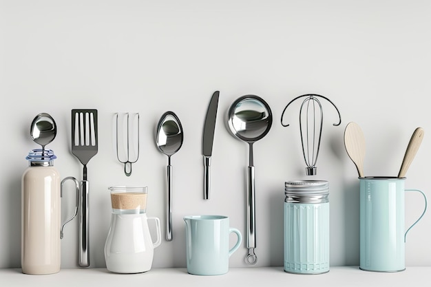 A collection of kitchen utensils including a brusha brushand a knife