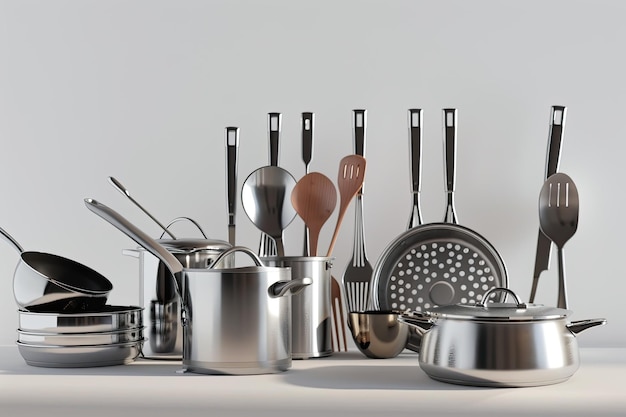 a collection of kitchen utensils and pans with a spoon and spoons