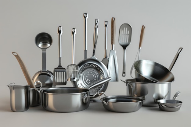 a collection of kitchen utensils and pans with a spoon and spoons