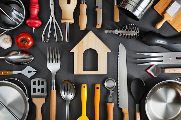 Photo a collection of kitchen utensils and tools including a wooden house with a wooden door