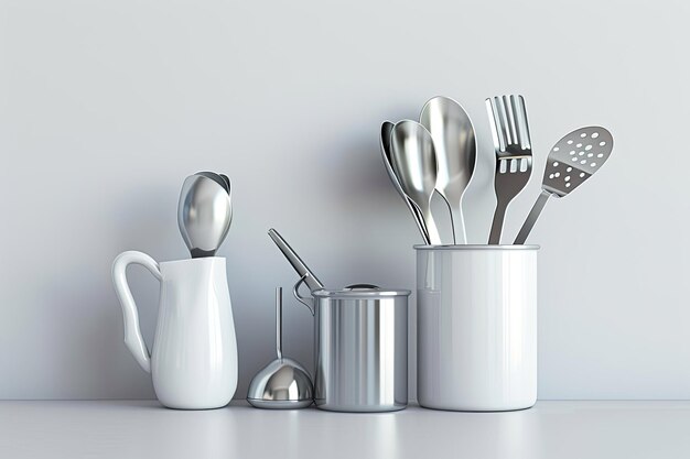 a collection of kitchen utensils with a white background