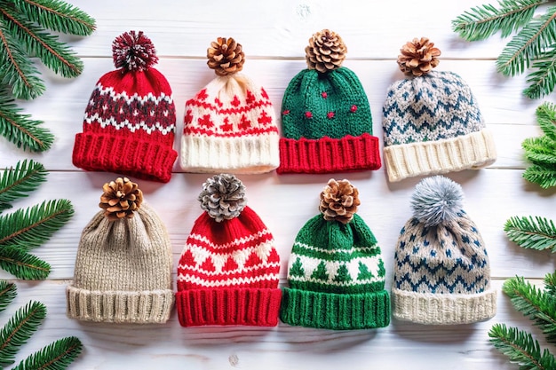 a collection of knitted hats with a ribbon of yarn