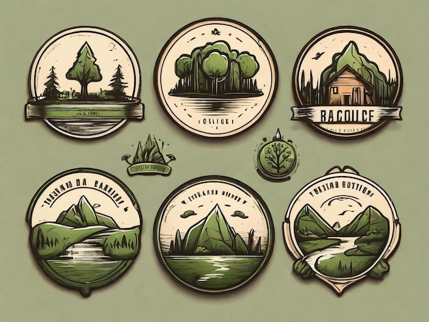 a collection of labels including a forest and a house