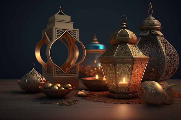 A collection of lanterns and lights with the word ramadan on them.