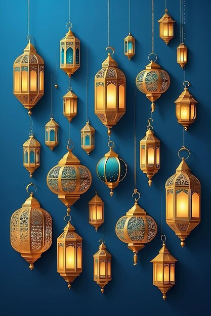 Photo a collection of lanterns for ramadan kareem on a blue background