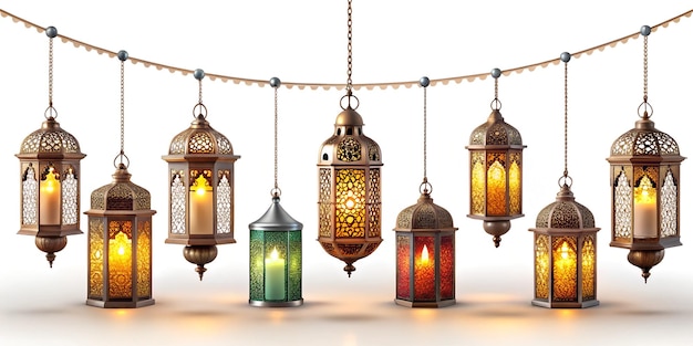 a collection of lanterns with a string of lights