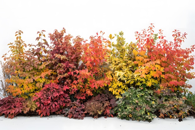 Photo collection of large bushes with autumnal foliage arranged in a row with space above against a plain