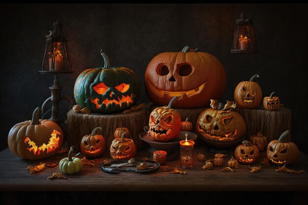 Collection of large and small jackolanterns on table created with generative ai