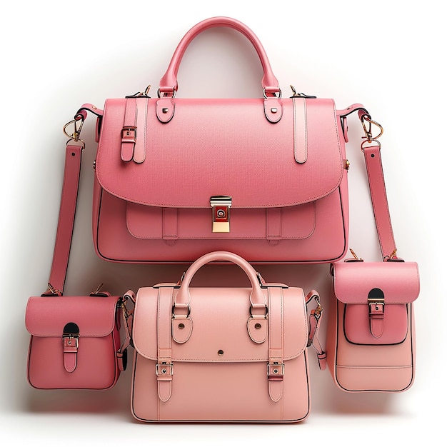 a collection of leather bags with a pink bag on the front