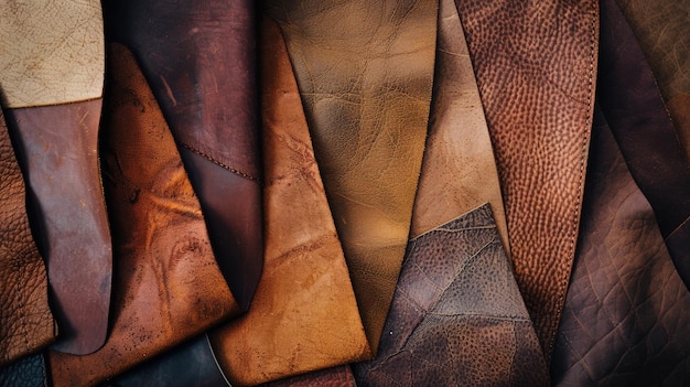 Photo a collection of leather fabrics in earthy tones neatly arranged showcasing the diverse textures and patterns of natural leather