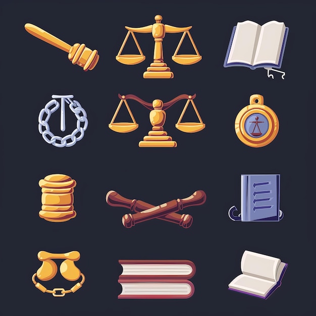 Collection of legal and law icons gavel scales of justice law book handcuffs