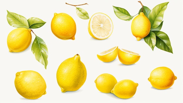 Collection of Lemons Branch and Slices in Water