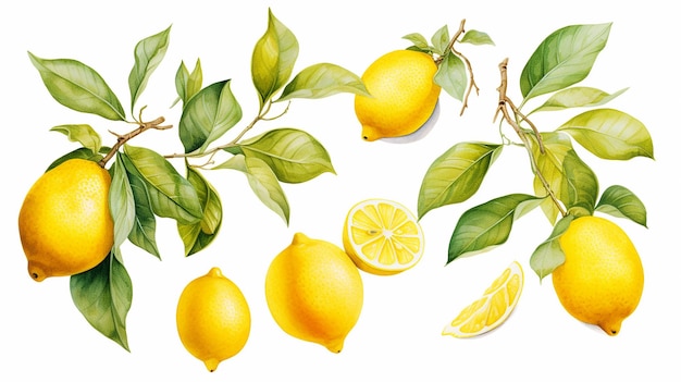 Collection of Lemons Branch and Slices in Water