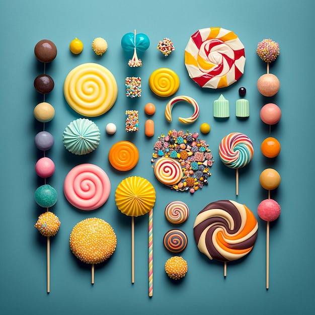 A collection of lollipops and other candies are on a blue background.