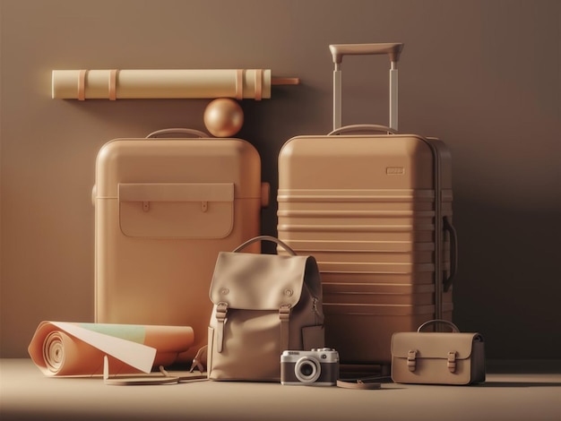 a collection of luggage including a bag and a camera