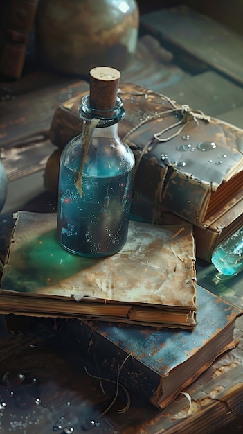 Photo a collection of magical potions and ancient spell books on a rustic wooden table