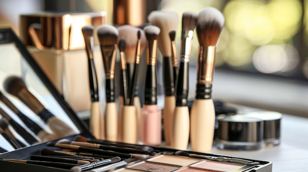 a collection of makeup brushes are on a table