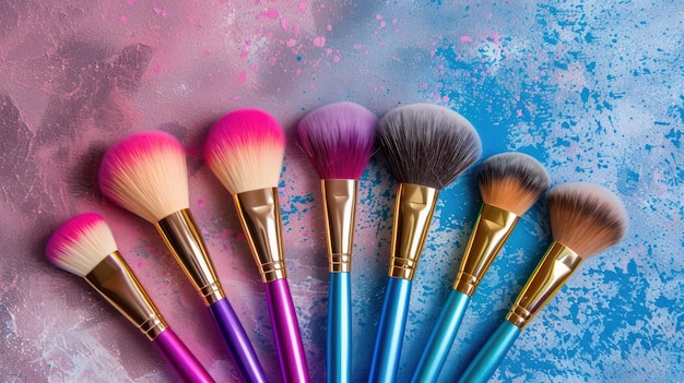 A collection of makeup brushes with colorful handles arranged in a fan shape