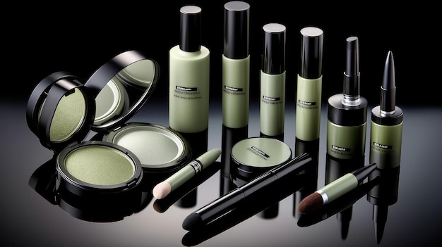 A collection of makeup products including a green one.