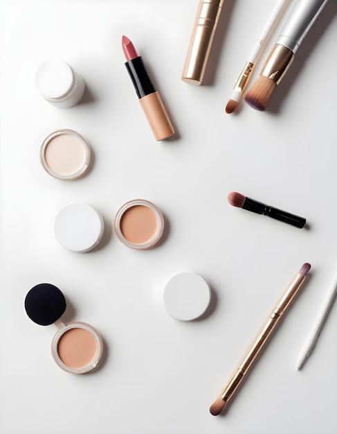 a collection of makeup products including lipstick and a white background