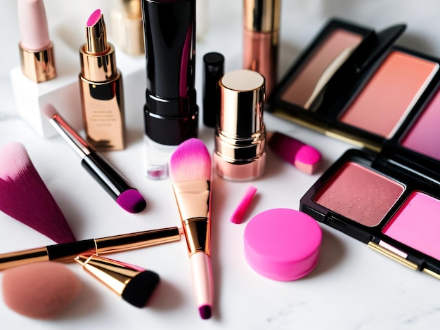 A collection of makeup products including a pink and gold makeup brush and a makeup brush.