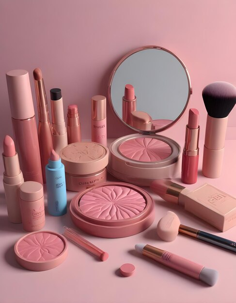 a collection of makeup products including pink lipstick and pink lip gloss