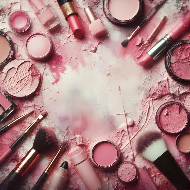 a collection of makeup products including pink lipstick and pink lipstick