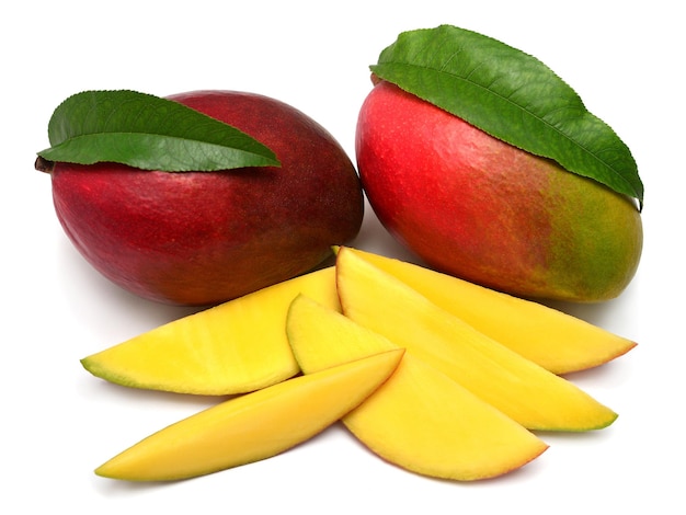 Collection mango fruit and slice with leaf isolated on white background Flat lay top view