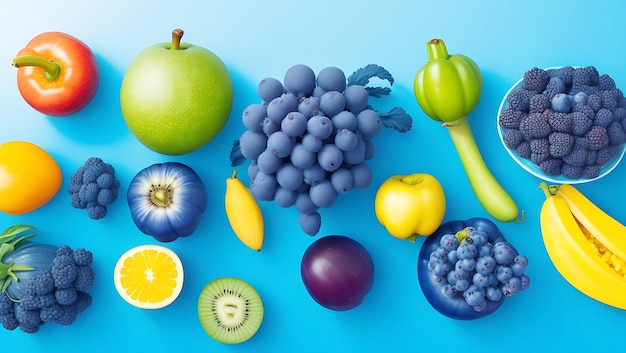 Collection of many fruits on blue table Ai Generated