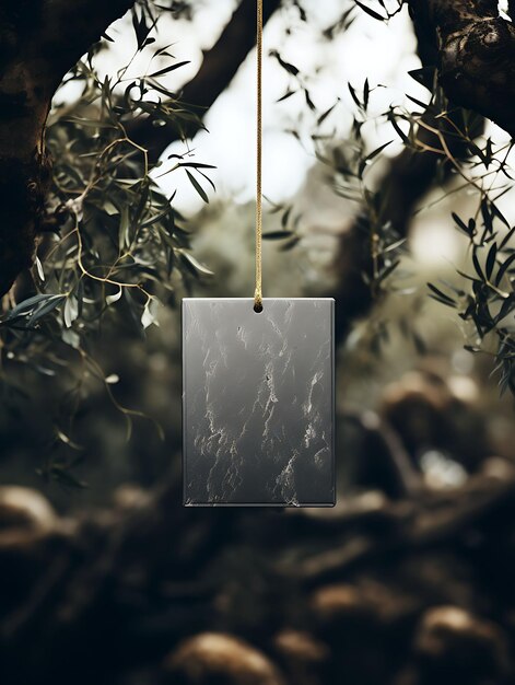 Photo collection of marble square card suspended from olive tree branches with g vintage nature hang tag