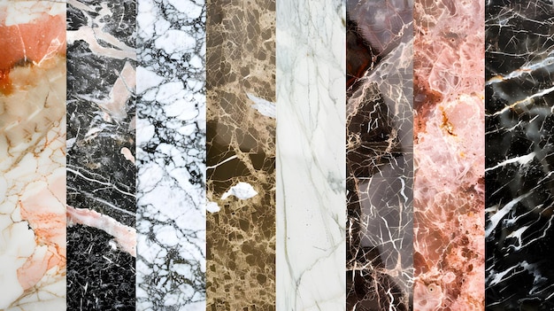 Photo collection of marble textures showcasing a variety of colors and patterns highlighting the elegance of this natural stone