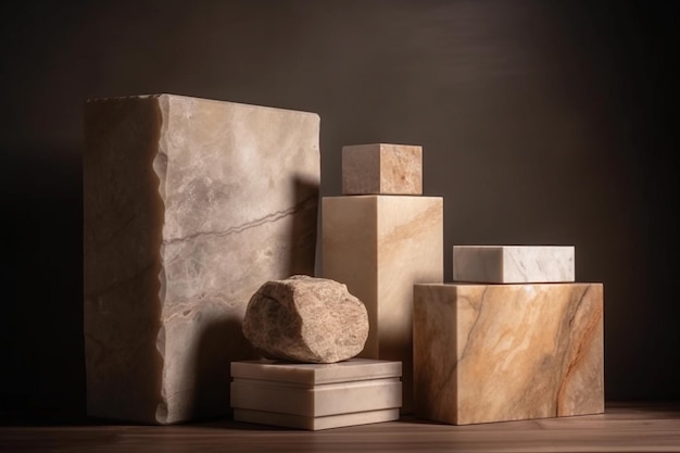 A collection of marbles and boxes are displayed on a table