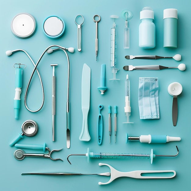 a collection of medical equipment including dental instruments