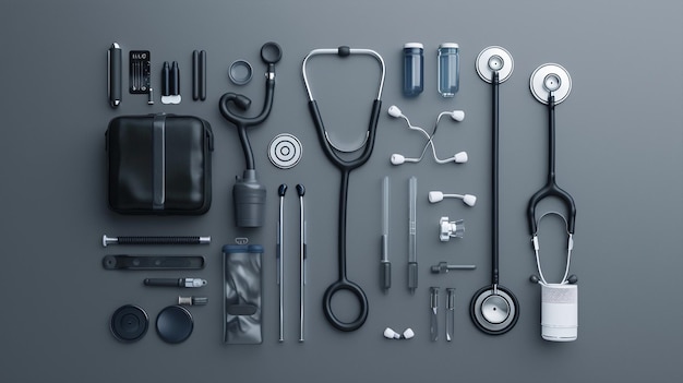 a collection of medical equipment including a stethoscope a stethoscope and a stethoscope