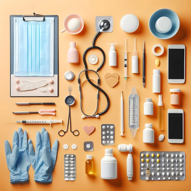 Photo a collection of medical supplies including a blue gloves stethoscope scissors etc