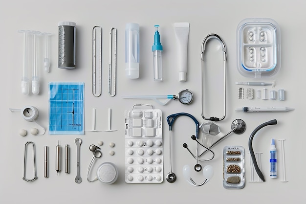 Photo a collection of medical supplies including a syringe a calculator and a calculator