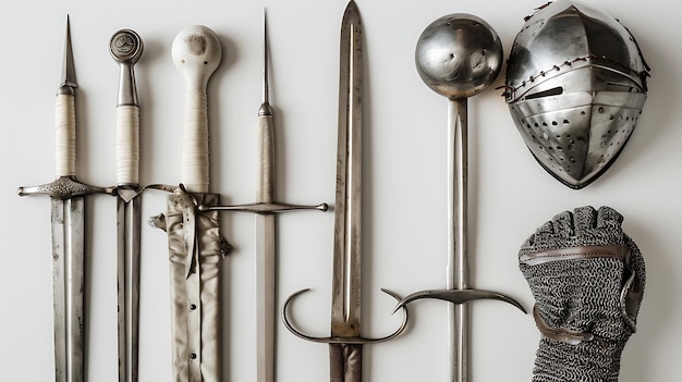 Photo a collection of medieval weapons swords a helmet and a chainmail glove